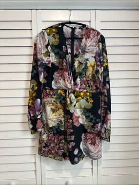 Express Black Floral Zip-Back Blouse with Pink and Red Blooms